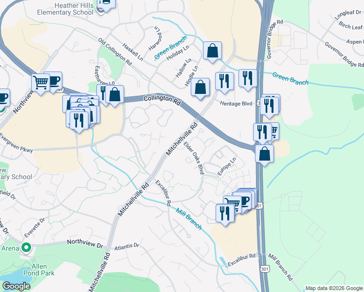 map of restaurants, bars, coffee shops, grocery stores, and more near 3840 Eaves Lane in Bowie
