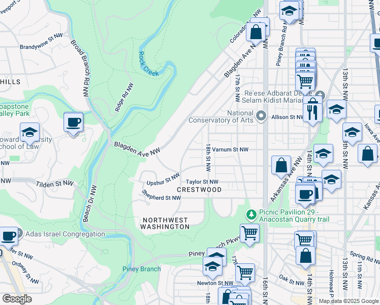 map of restaurants, bars, coffee shops, grocery stores, and more near 1830 Varnum Street Northwest in Washington