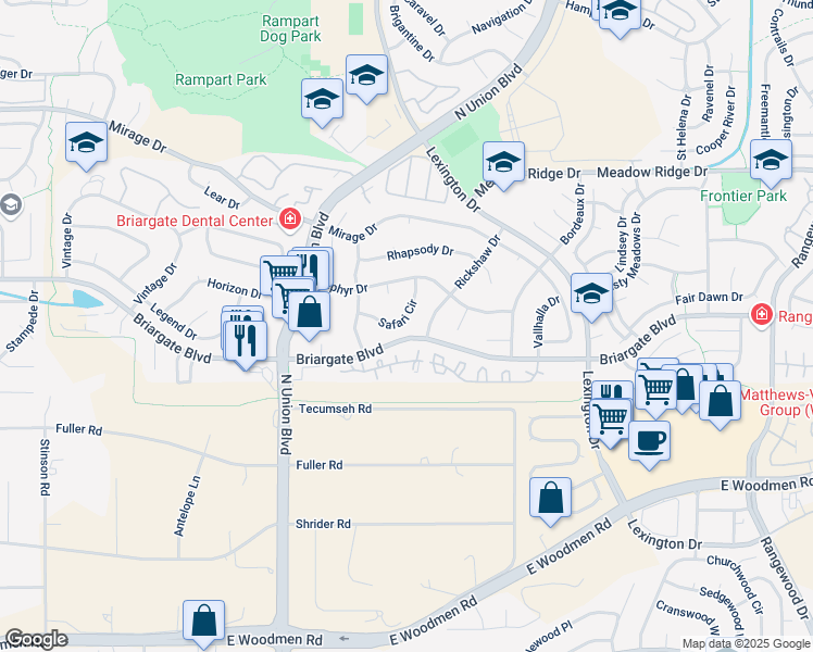 map of restaurants, bars, coffee shops, grocery stores, and more near 7646 Safari Circle in Colorado Springs
