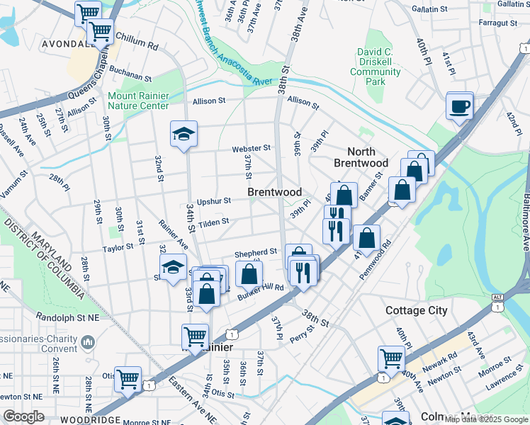 map of restaurants, bars, coffee shops, grocery stores, and more near 3708 Tilden Street in Brentwood