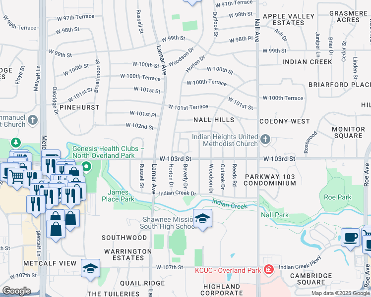 map of restaurants, bars, coffee shops, grocery stores, and more near 6007 West 102nd Terrace in Overland Park