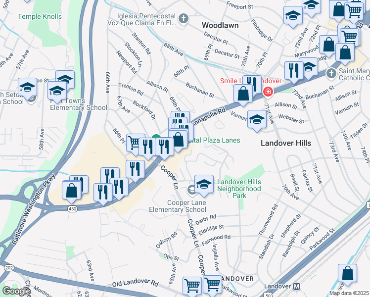 map of restaurants, bars, coffee shops, grocery stores, and more near 6729 Annapolis Road in Hyattsville
