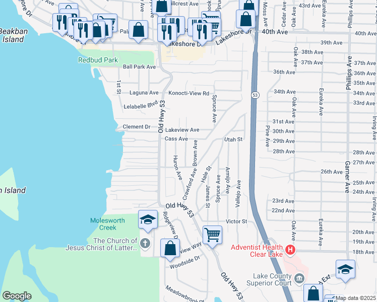 map of restaurants, bars, coffee shops, grocery stores, and more near 5607 Jones Avenue in Clearlake