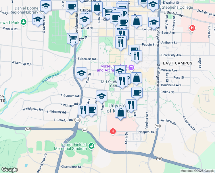 map of restaurants, bars, coffee shops, grocery stores, and more near 700 Tiger Avenue in Columbia