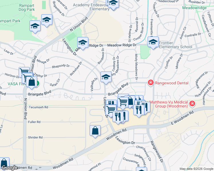 map of restaurants, bars, coffee shops, grocery stores, and more near 7675 Lexington Drive in Colorado Springs