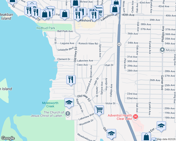 map of restaurants, bars, coffee shops, grocery stores, and more near 5596 Jones Avenue in Clearlake