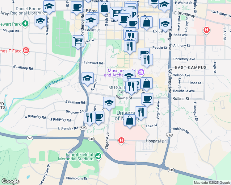 map of restaurants, bars, coffee shops, grocery stores, and more near 700 Tiger Avenue in Columbia