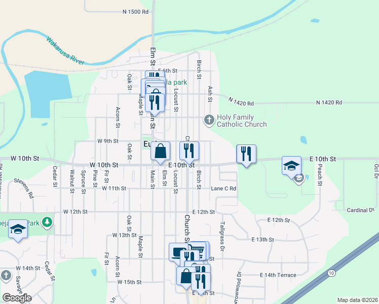 map of restaurants, bars, coffee shops, grocery stores, and more near 918 Church Street in Eudora