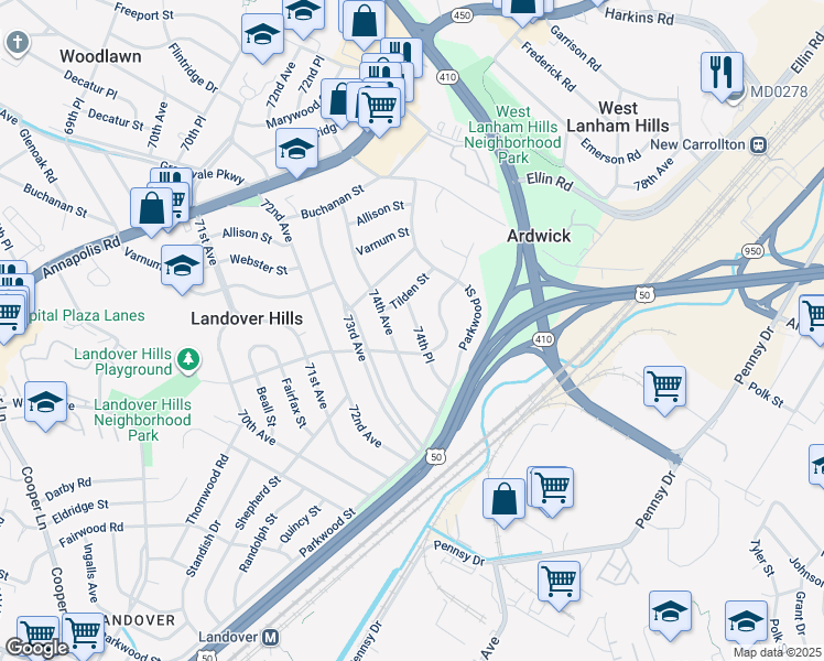 map of restaurants, bars, coffee shops, grocery stores, and more near 4206 74th Place in Hyattsville