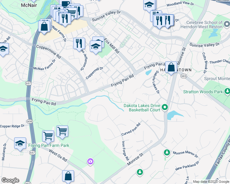 map of restaurants, bars, coffee shops, grocery stores, and more near 13109 Ashnut Lane in Herndon