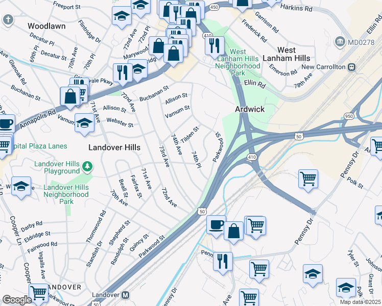 map of restaurants, bars, coffee shops, grocery stores, and more near 4206 74th Place in Hyattsville