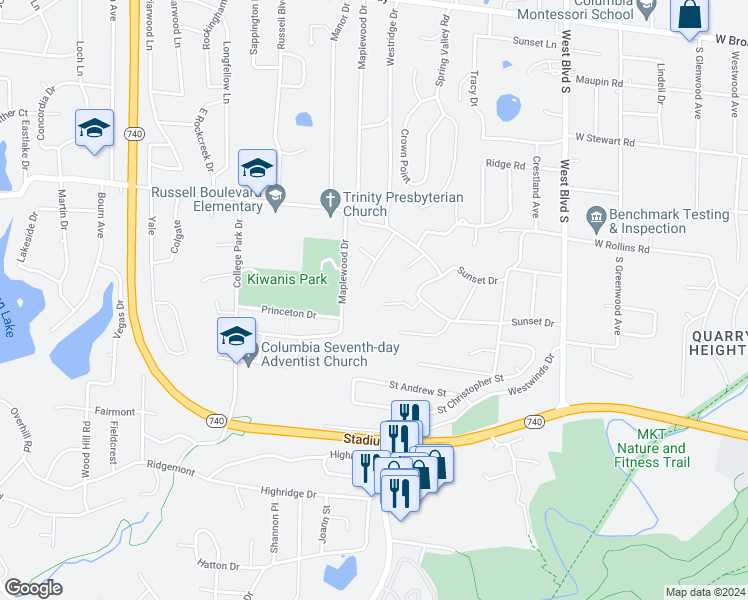 map of restaurants, bars, coffee shops, grocery stores, and more near 1420 Bradford Drive in Columbia