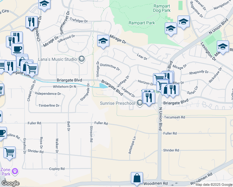 map of restaurants, bars, coffee shops, grocery stores, and more near 2395 Briargate Boulevard in Colorado Springs