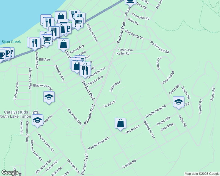 map of restaurants, bars, coffee shops, grocery stores, and more near 3628 Pioneer Trail in South Lake Tahoe