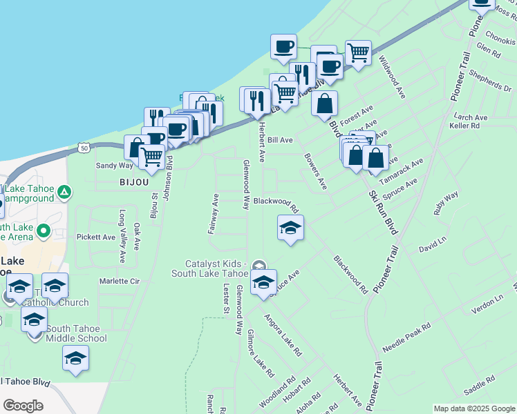 map of restaurants, bars, coffee shops, grocery stores, and more near 1120 Herbert Avenue in South Lake Tahoe