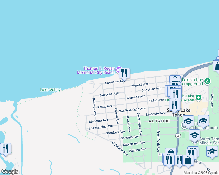 map of restaurants, bars, coffee shops, grocery stores, and more near 756 Lakeview Avenue in South Lake Tahoe