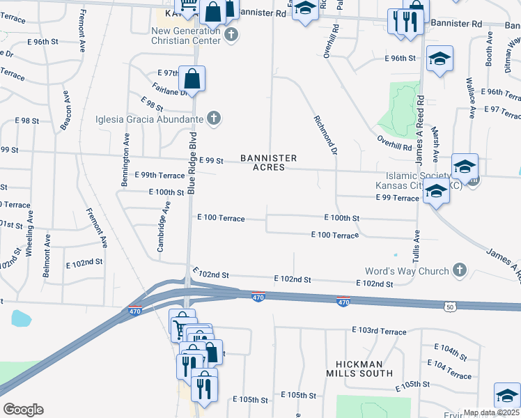 map of restaurants, bars, coffee shops, grocery stores, and more near 7300 East 100 Terrace in Kansas City