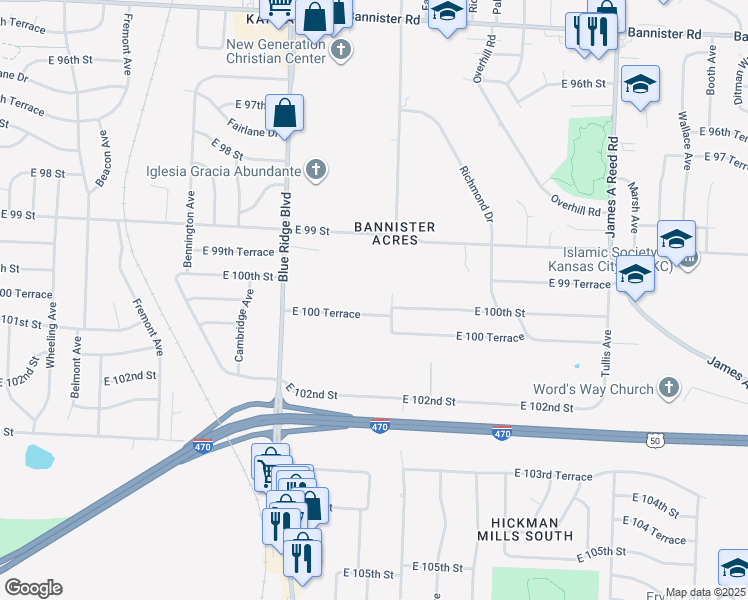map of restaurants, bars, coffee shops, grocery stores, and more near 7300 East 100 Terrace in Kansas City