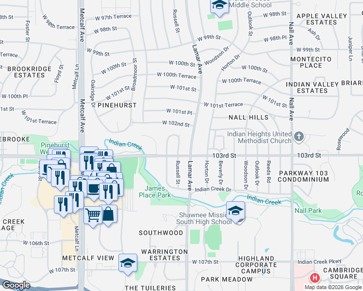 map of restaurants, bars, coffee shops, grocery stores, and more near 10228 Russell Street in Overland Park