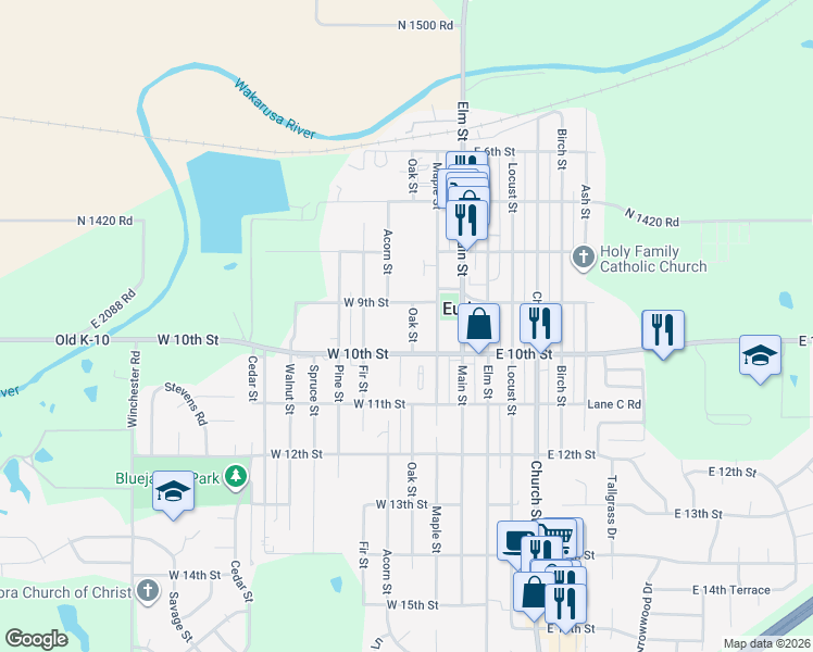 map of restaurants, bars, coffee shops, grocery stores, and more near 909 Oak Street in Eudora