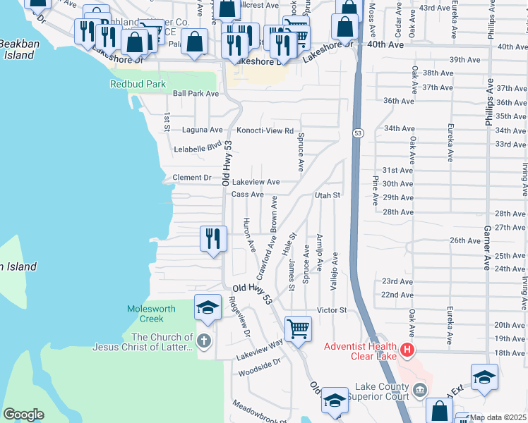 map of restaurants, bars, coffee shops, grocery stores, and more near 5607 Jones Avenue in Clearlake