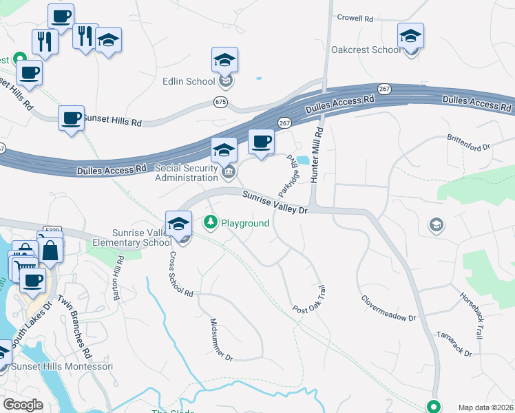 map of restaurants, bars, coffee shops, grocery stores, and more near 1803 Cranberry Lane in Reston