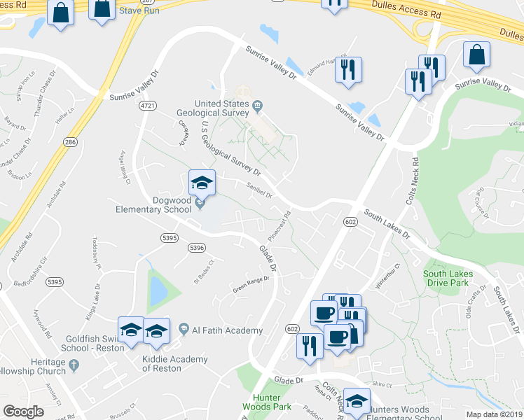 map of restaurants, bars, coffee shops, grocery stores, and more near 12161 Sanibel Court in Reston