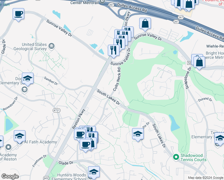 map of restaurants, bars, coffee shops, grocery stores, and more near 2031 Royal Fern Court in Reston