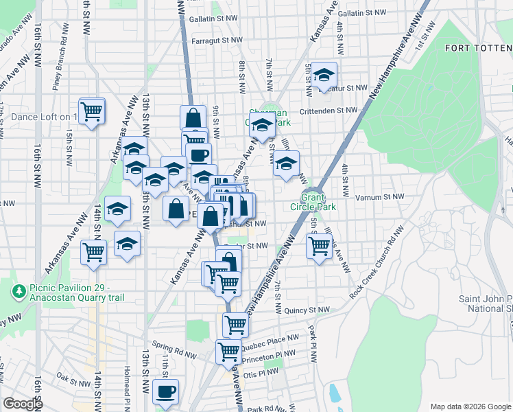 map of restaurants, bars, coffee shops, grocery stores, and more near 724 Varnum Street Northwest in Washington