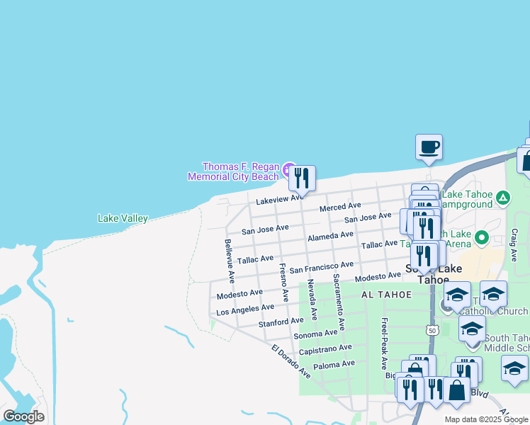 map of restaurants, bars, coffee shops, grocery stores, and more near 756 Lakeview Avenue in South Lake Tahoe