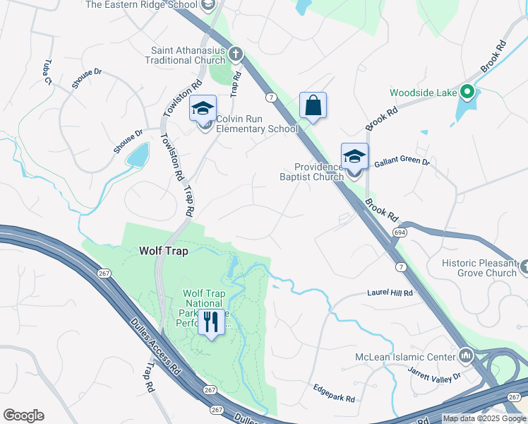 map of restaurants, bars, coffee shops, grocery stores, and more near 9105 Cricklewood Court in Vienna