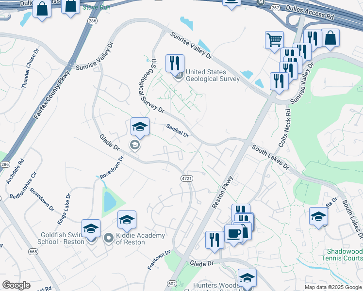 map of restaurants, bars, coffee shops, grocery stores, and more near 12161 Sanibel Court in Reston