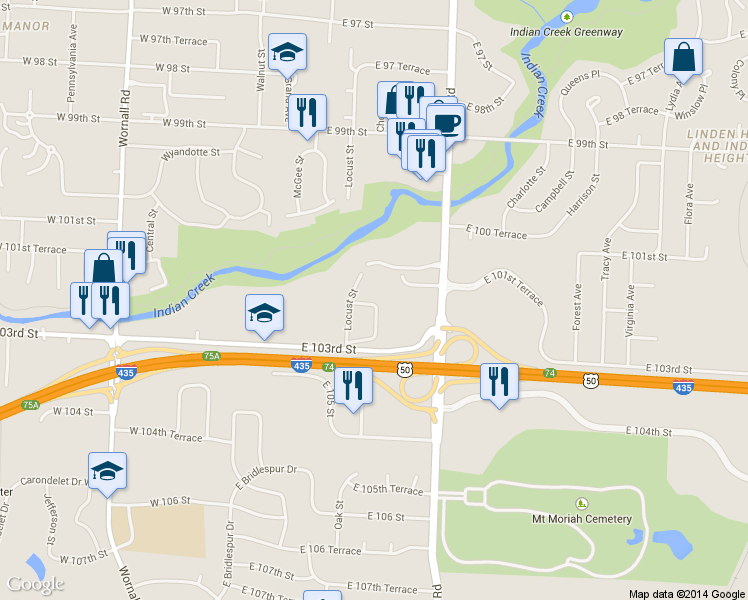 map of restaurants, bars, coffee shops, grocery stores, and more near 10213 Cedarbrooke Ln in Kansas City