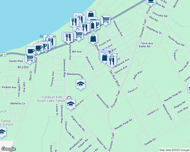map of restaurants, bars, coffee shops, grocery stores, and more near 1152 Bowers Avenue in South Lake Tahoe