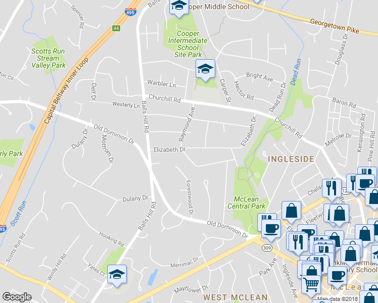 map of restaurants, bars, coffee shops, grocery stores, and more near 7107 Elizabeth Drive in McLean
