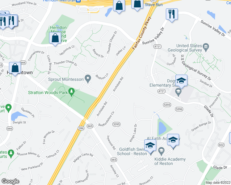 map of restaurants, bars, coffee shops, grocery stores, and more near 2321 Bedfordshire Circle in Reston