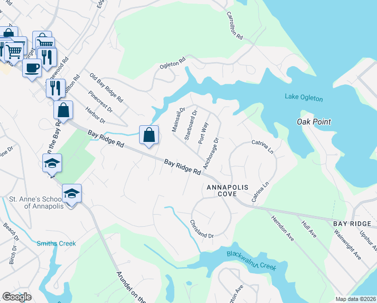 map of restaurants, bars, coffee shops, grocery stores, and more near 1112 Mainsail Drive in Annapolis