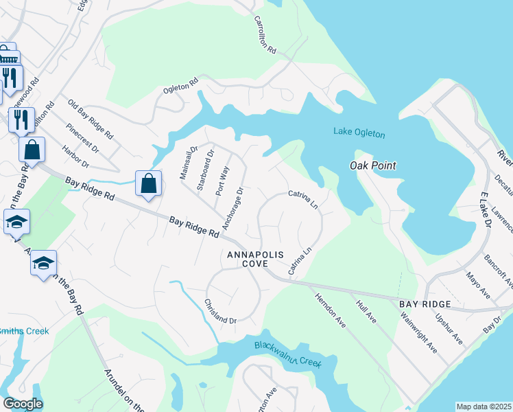 map of restaurants, bars, coffee shops, grocery stores, and more near 3163 Catrina Lane in Annapolis