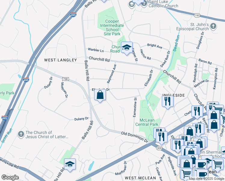 map of restaurants, bars, coffee shops, grocery stores, and more near 7107 Elizabeth Drive in McLean