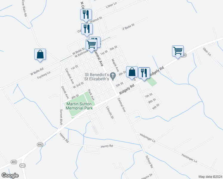 map of restaurants, bars, coffee shops, grocery stores, and more near 501 Central Avenue in Ridgely