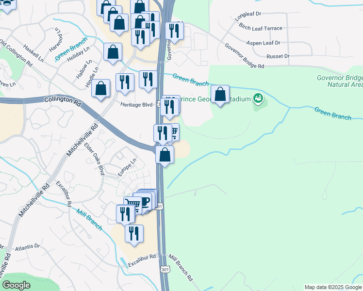 map of restaurants, bars, coffee shops, grocery stores, and more near 3811 Crain Highway in Bowie