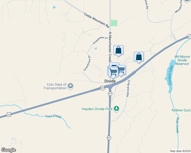 map of restaurants, bars, coffee shops, grocery stores, and more near 240 Ridge Top Drive in Divide