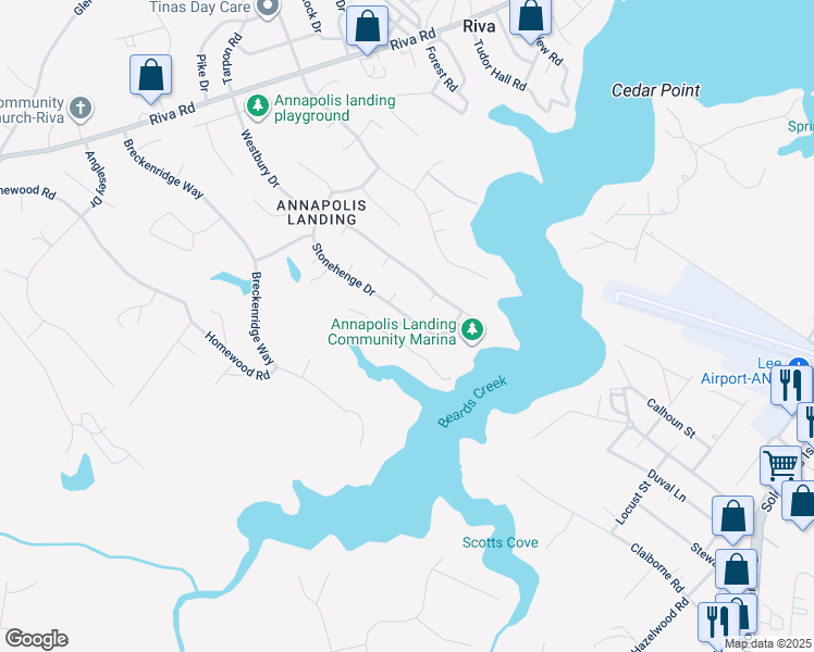 map of restaurants, bars, coffee shops, grocery stores, and more near 3148 Stonehenge Drive in Riva
