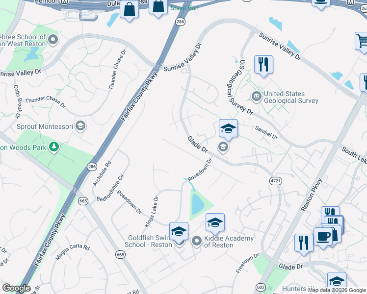 map of restaurants, bars, coffee shops, grocery stores, and more near 12336 Coleraine Court in Reston