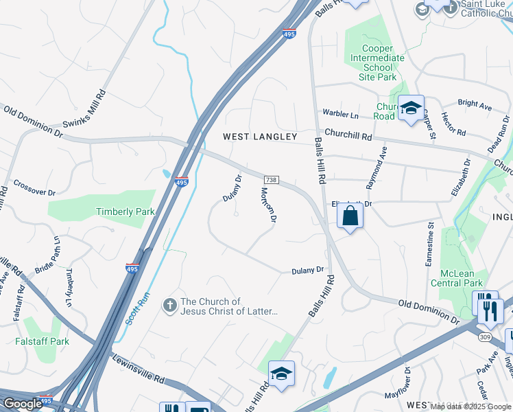 map of restaurants, bars, coffee shops, grocery stores, and more near 1210 Mottrom Drive in McLean