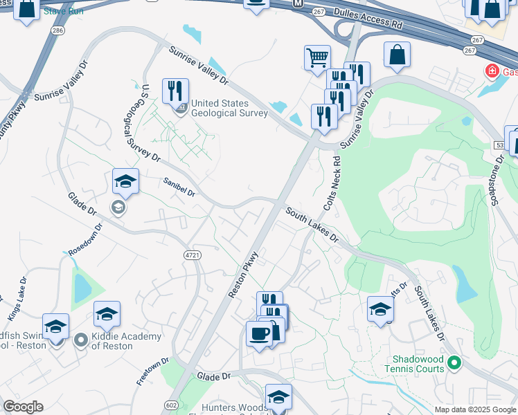 map of restaurants, bars, coffee shops, grocery stores, and more near 2220 Southgate Square in Reston