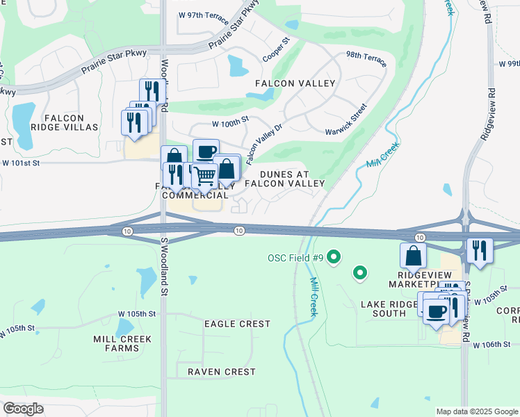map of restaurants, bars, coffee shops, grocery stores, and more near 10221 Millstone Drive in Lenexa
