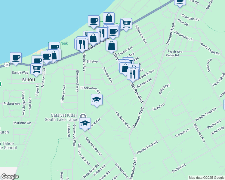 map of restaurants, bars, coffee shops, grocery stores, and more near 1160 Bowers Avenue in South Lake Tahoe