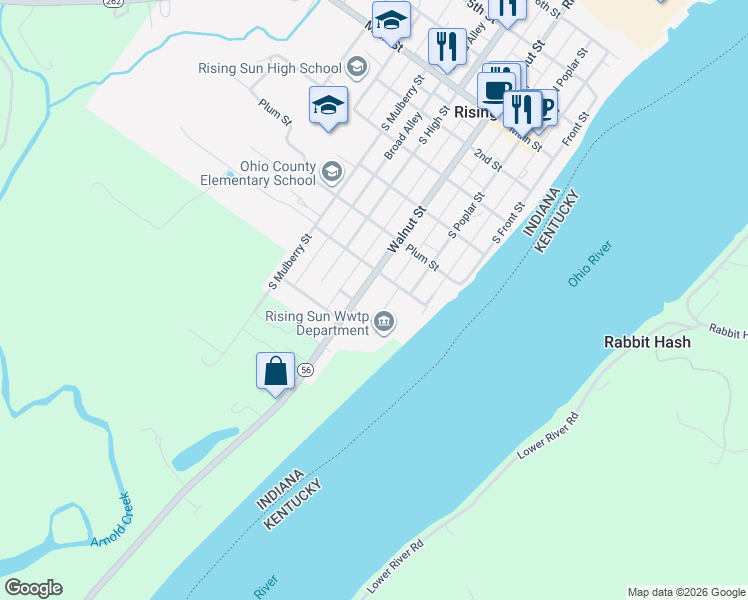 map of restaurants, bars, coffee shops, grocery stores, and more near 4948 Indiana 56 Scenic in Rising Sun