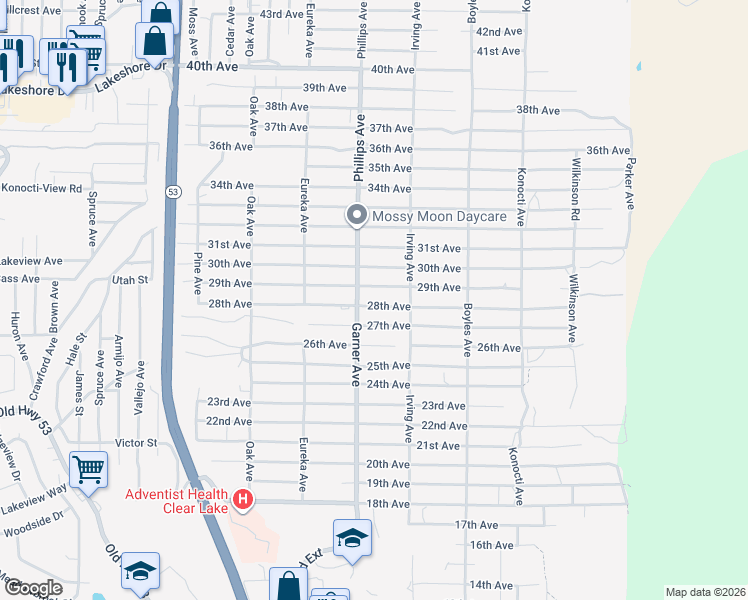 map of restaurants, bars, coffee shops, grocery stores, and more near 15926 28th Avenue in Clearlake